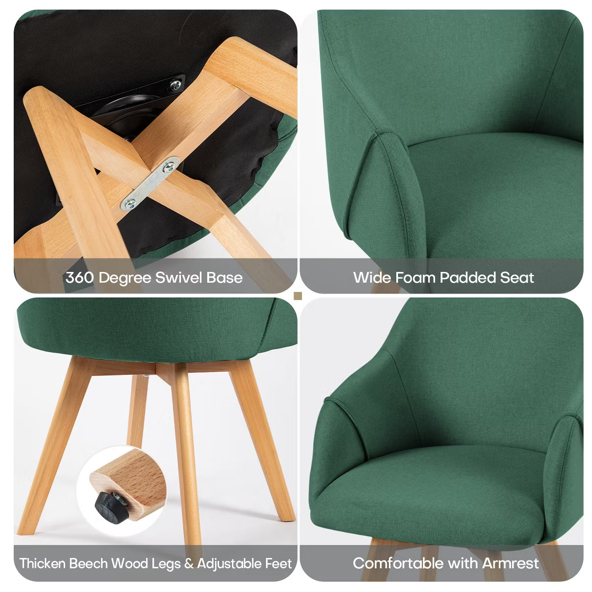 Swivel Dining Chairs Set of 2, Linen Upholstered Armchairs with Solid Wood Legs