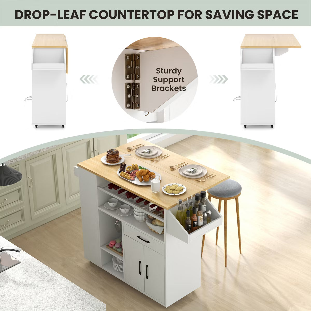 Kitchen Island – Culinvaro Leaf Kitchen Island Cart w/ Power Outlet Drinks Rack Glass Holder Drawer