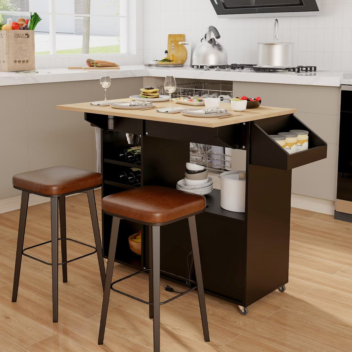 Drop Leaf Kitchen Island Cart with Power Outlet Mobile Buffet Storage Cart with Microwave Shelf Black  3 out of 5 stars 4