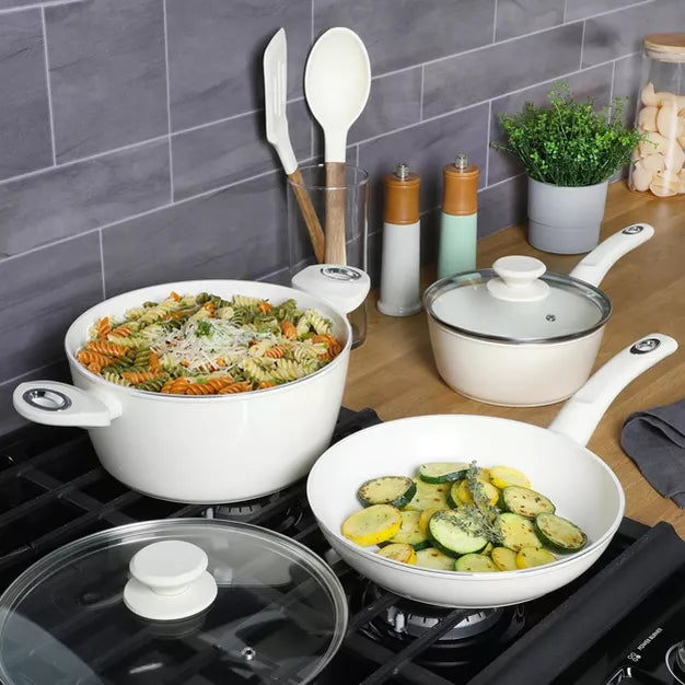 Cookware Set – Plaza Cafe 7 Piece Forged Aluminum Cookware Set in Linen – Linen