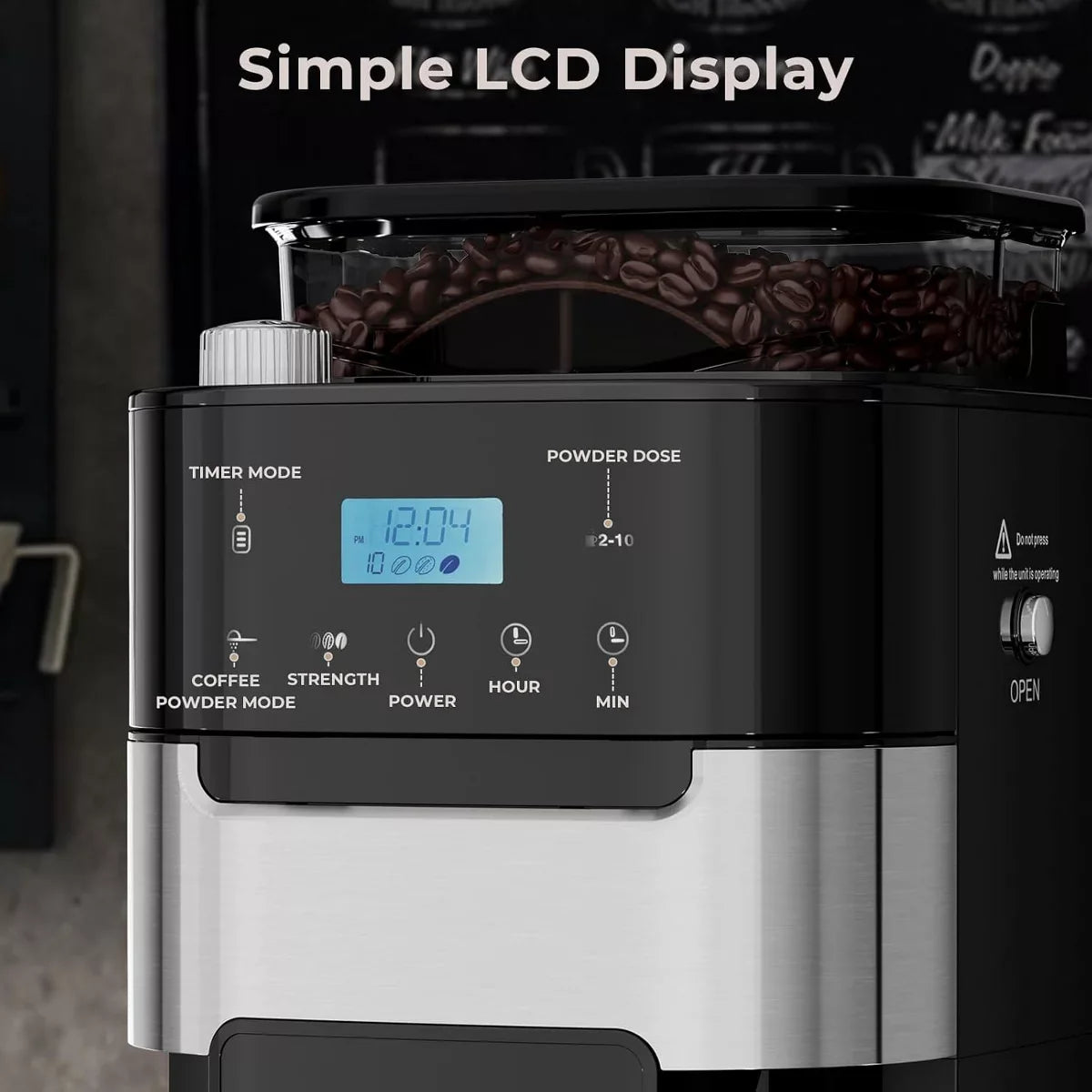 Drip Coffee Maker – 10-Cup Digital Drip Coffee Maker with Built-In Grinder – Black