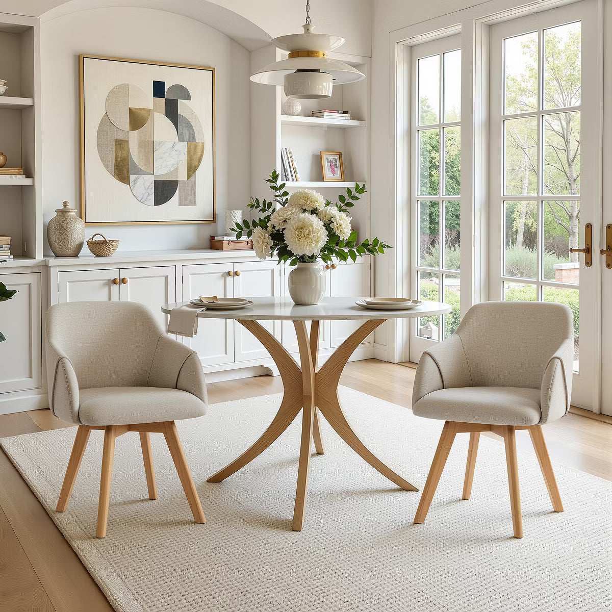 Swivel Dining Chairs Set of 2, Linen Upholstered Armchairs with Solid Wood Legs