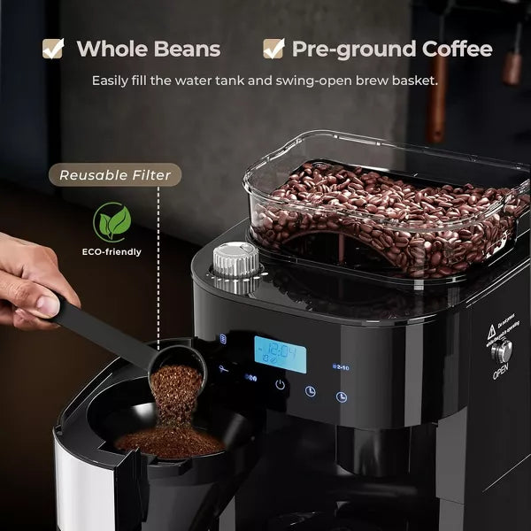 Drip Coffee Maker – 10-Cup Digital Drip Coffee Maker with Built-In Grinder – Black