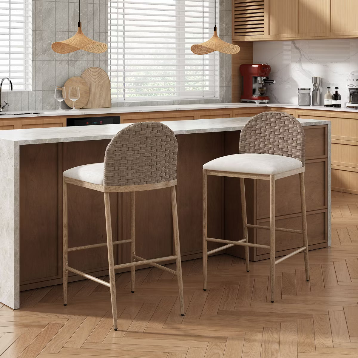 Avirae 29.25" Farmhouse Rattan Upholstered Barstools (Set of 2), Beige/Brown