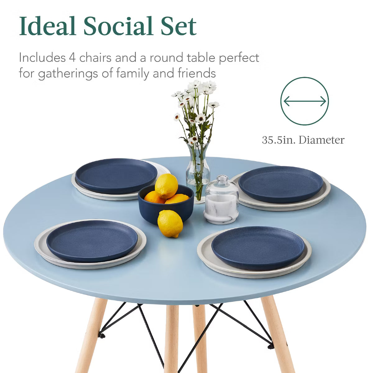 Dining Set – Culinvaro 5-Piece Compact Mid-Century Modern Dining Set w/ 4 Chairs" Blue/Oak