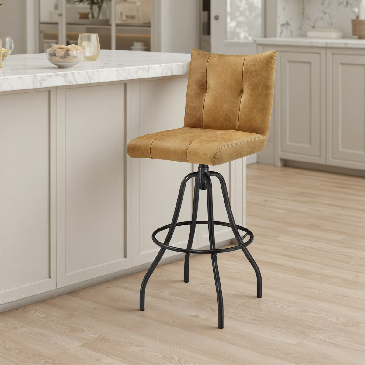 Genuine Leather Industrial-style and Mid-century Modern Counter Height Barstool