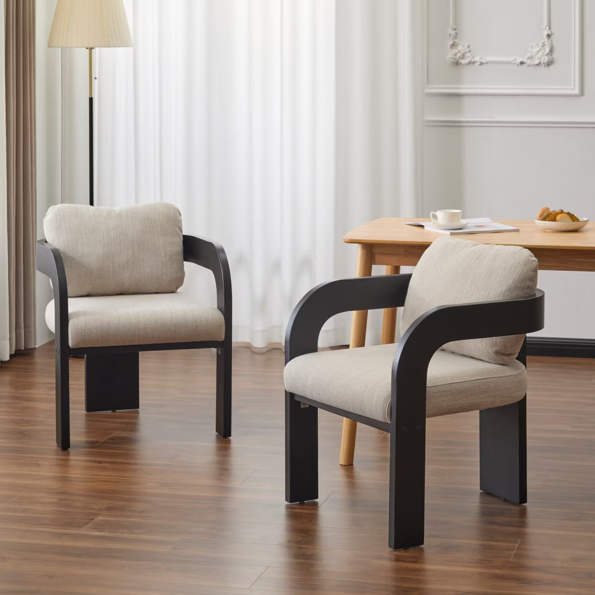 Set of 2 Modern Beige Dining Chairs with Black Wood Frame,