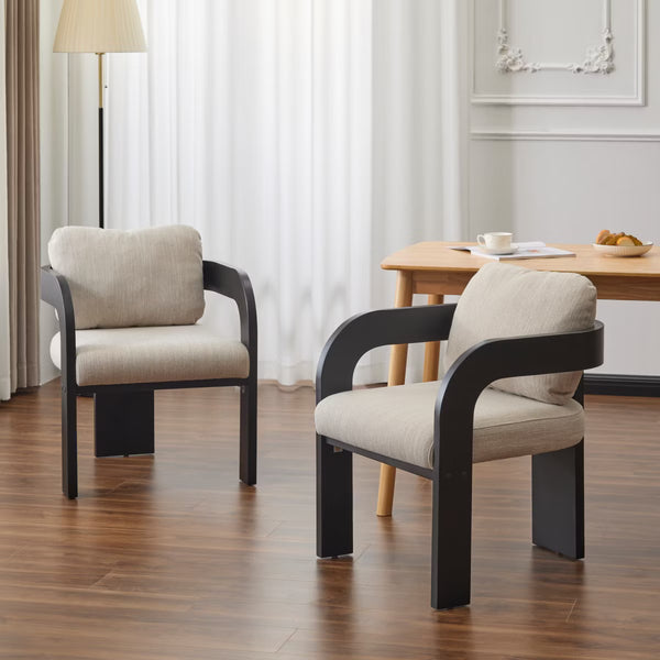 Set of 2 Modern Beige Dining Chairs with Black Wood Frame,