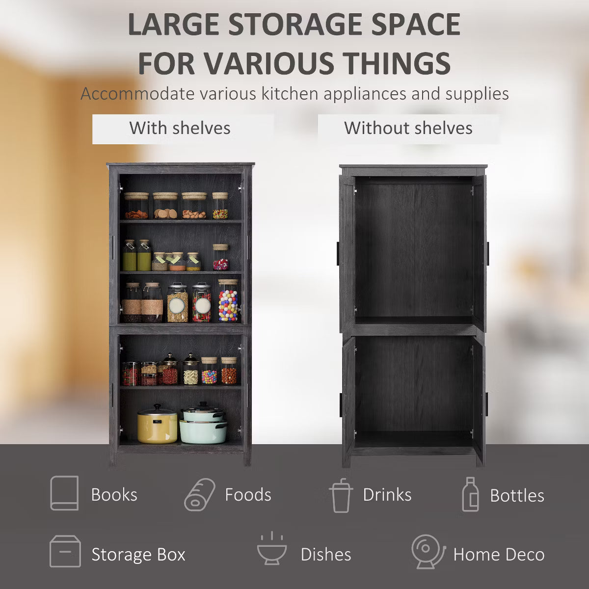 Pantry Cabinet – Culinvaro 4-Door Kitchen Pantry, Freestanding Storage Cabinet with 3 Adjustable Shelves for Kitchen, Dining or Living Room, Gray