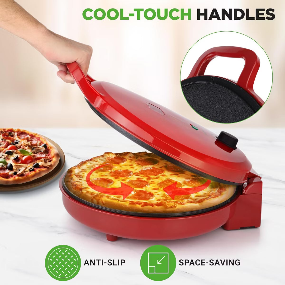 Pizza Oven – Electric Pizza Maker with Non-Stick Plate – Red