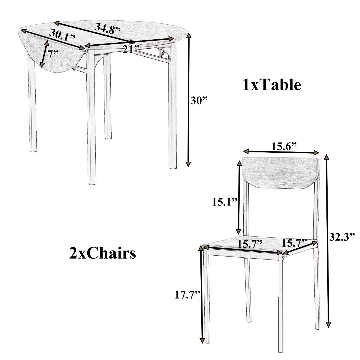 3 Pieces Metal Round Dining Table Set with Drop Leaf