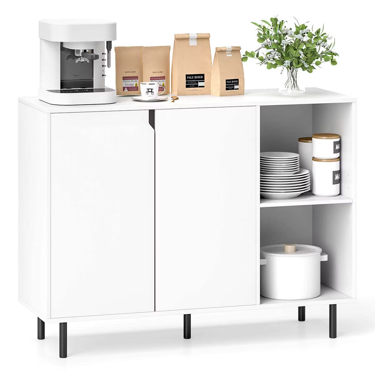 Buffet Cabinet – Culinvaro Kitchen Sideboard Buffet with Adjustable Shelves 2 Doors Sturdy Metal Legs White