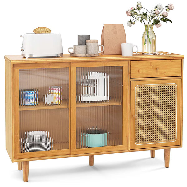 Buffet Cabinet – Culinvaro Buffet Sideboard Cabinet Rattan Console Table with Sliding Doors Storage Drawer