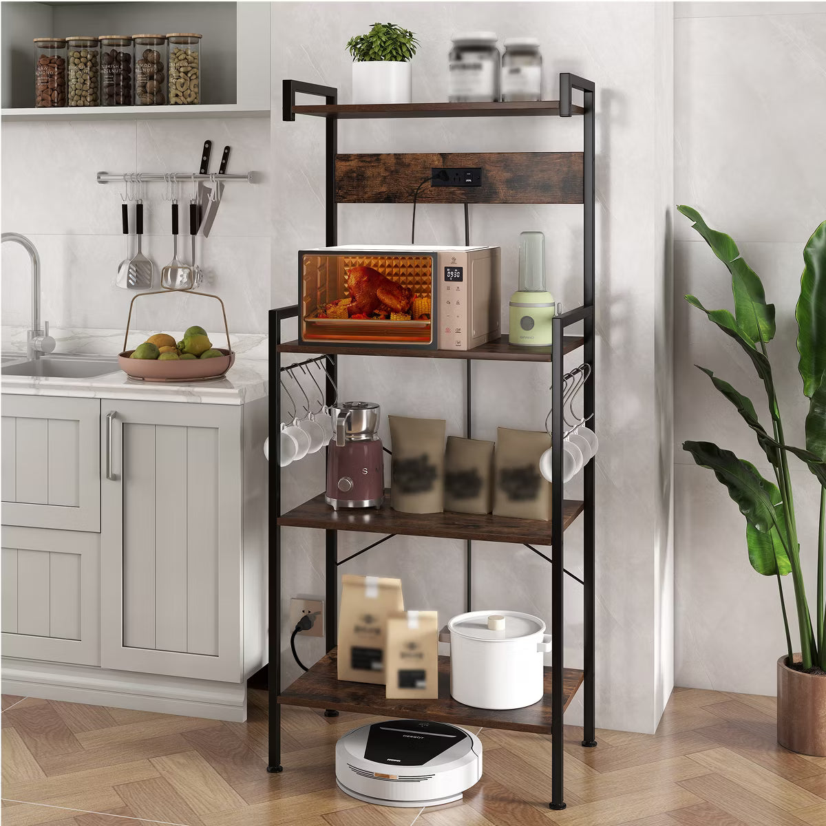 Baker's Rack – Culinvaro y Kitchen Baker's Rack with Charging Station Industrial Coffee Bar Shelf with 8 Movable Hooks