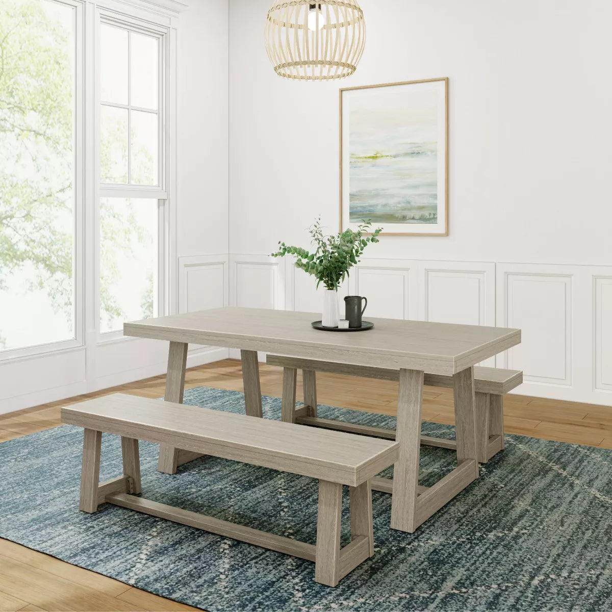 Farmhouse Dining Table Set with 2 Benches