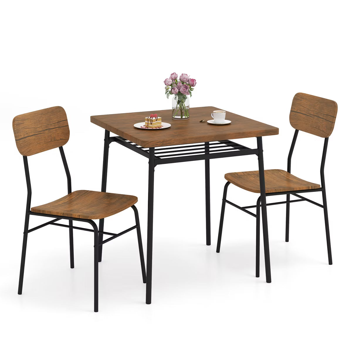 Dining Set – Culinvaro 3-Piece Wood Square Kitchen Table & Chair Set w/ Metal Frame Storage Rack