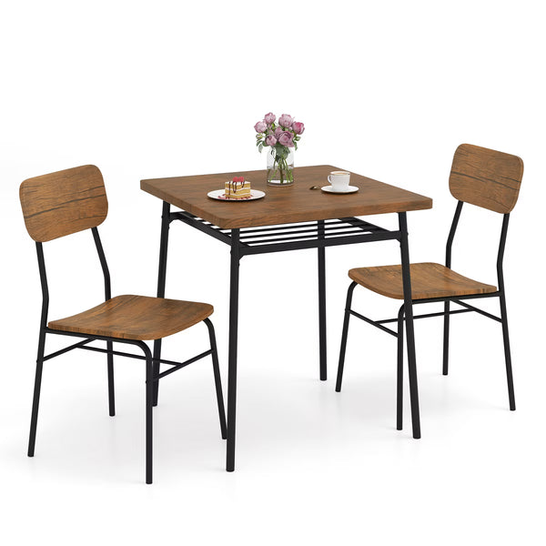 Dining Set – Culinvaro 3-Piece Wood Square Kitchen Table & Chair Set w/ Metal Frame Storage Rack
