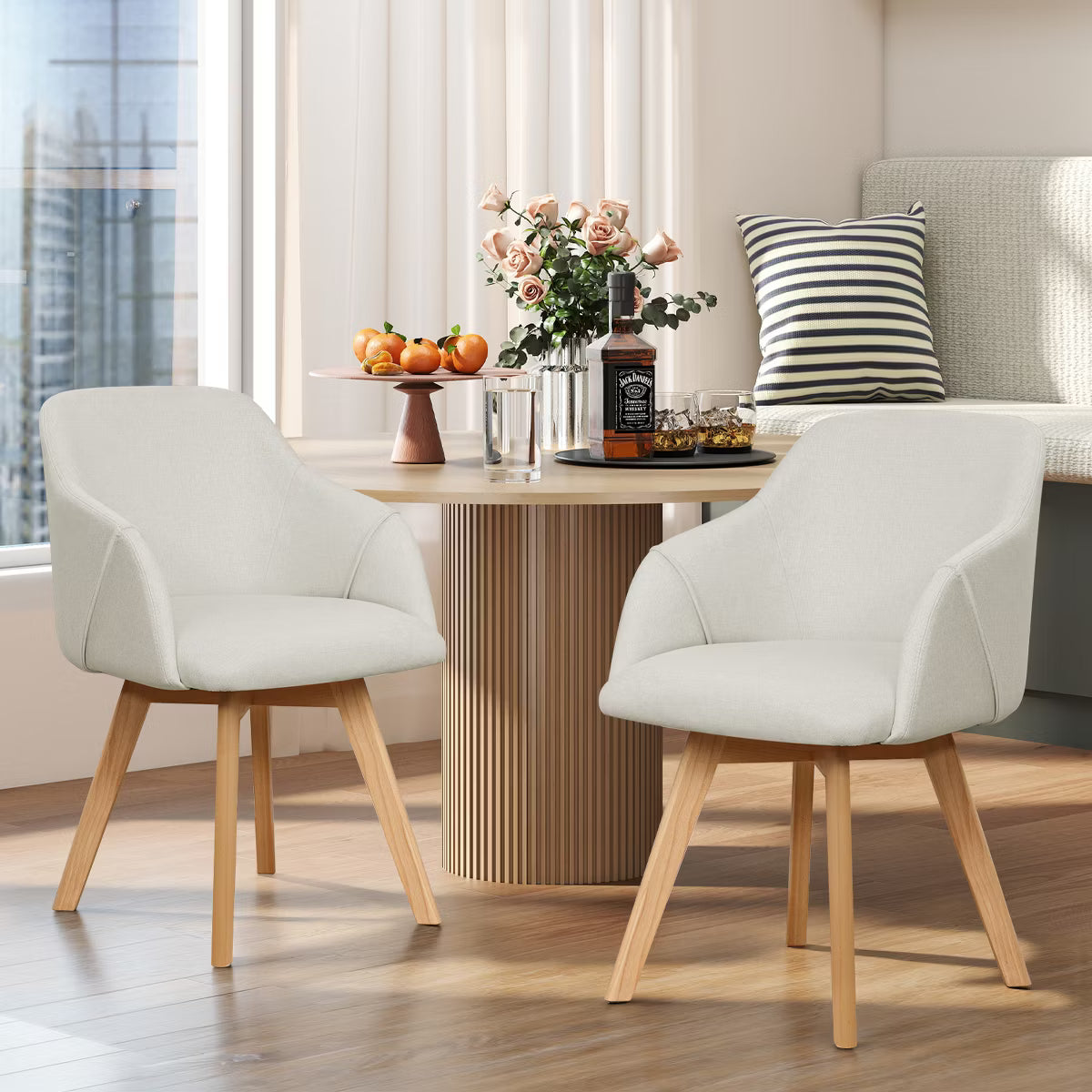 Swivel Dining Chairs Set of 2, Linen Upholstered Armchairs with Solid Wood Legs