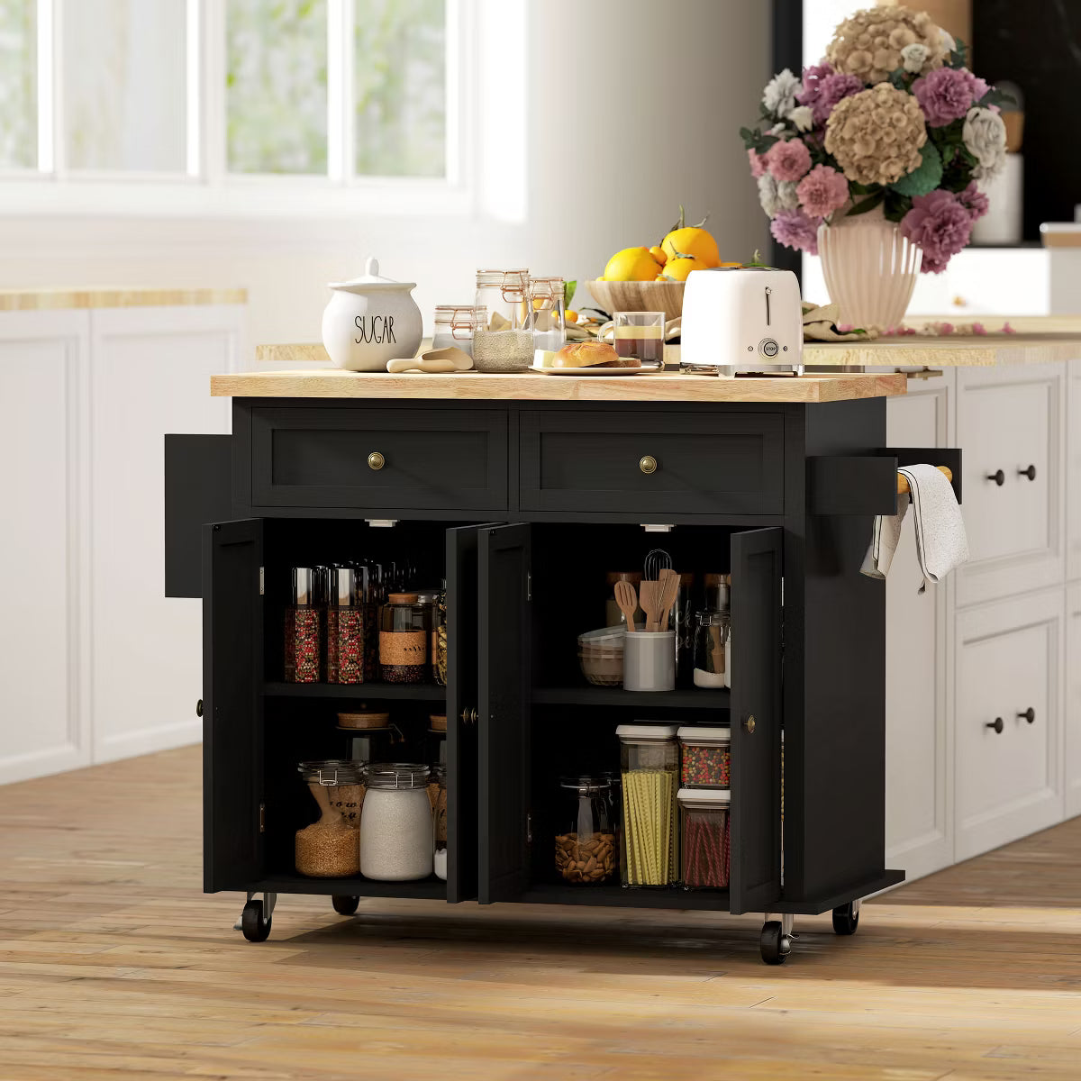 Kitchen Island on Wheels, Rolling Cart with Rubber Wood Top