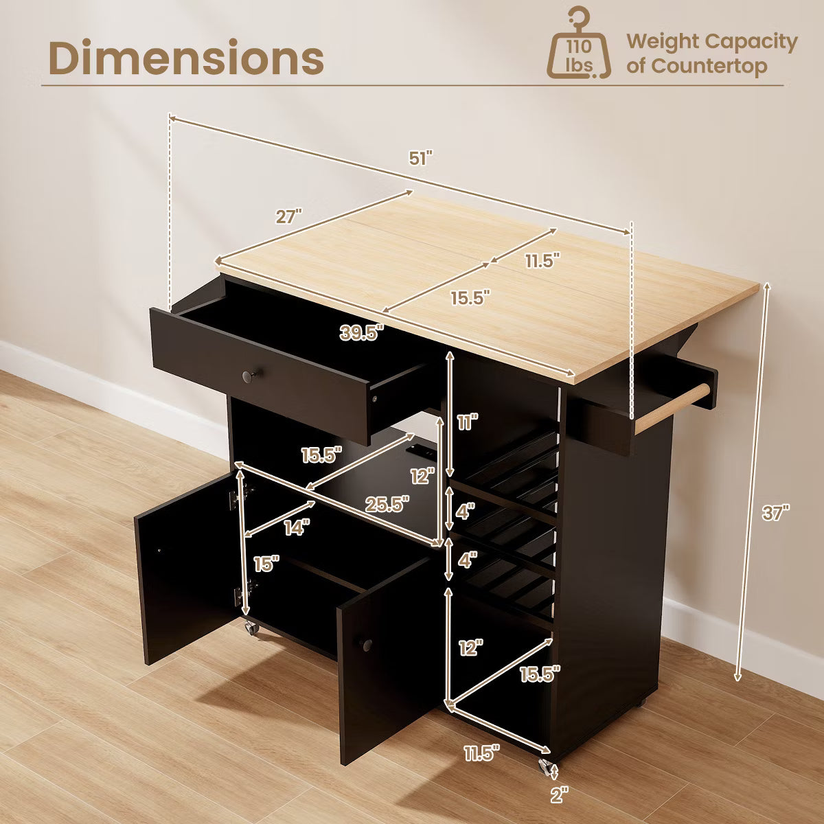 Drop Leaf Kitchen Island Cart with Power Outlet Mobile Buffet Storage Cart with Microwave Shelf Black  3 out of 5 stars 4