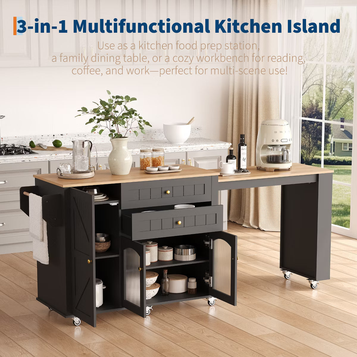 78.3” Rolling Kitchen Island with Extendable Table,