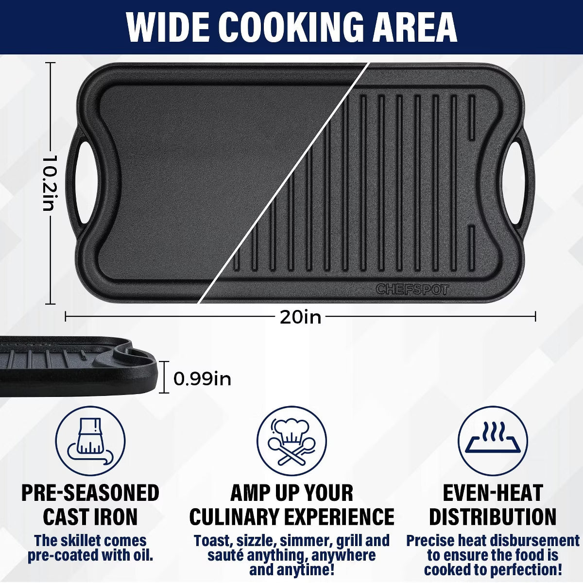 Griddle Pan – 20" Preseasoned Cast Iron Reversible Griddle Plate Pan – Natural