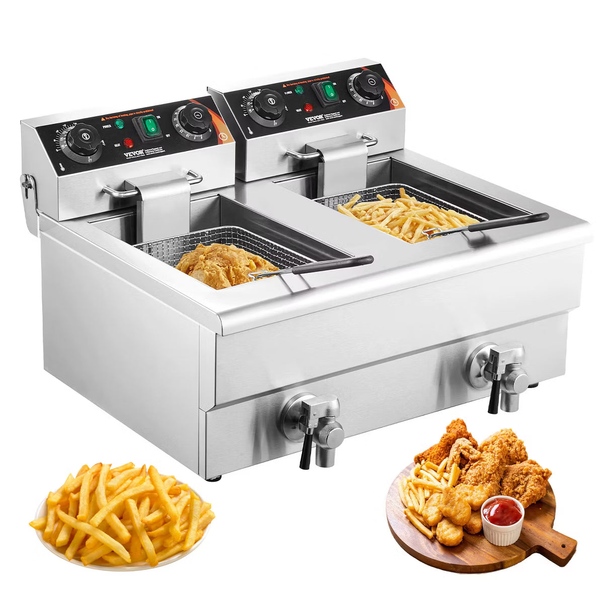 Deep Fryer – Dual Tank 3000W Electric Countertop Fryer with Basket – Silver