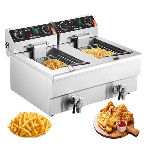 Deep Fryer – Dual Tank 3000W Electric Countertop Fryer with Basket – Silver