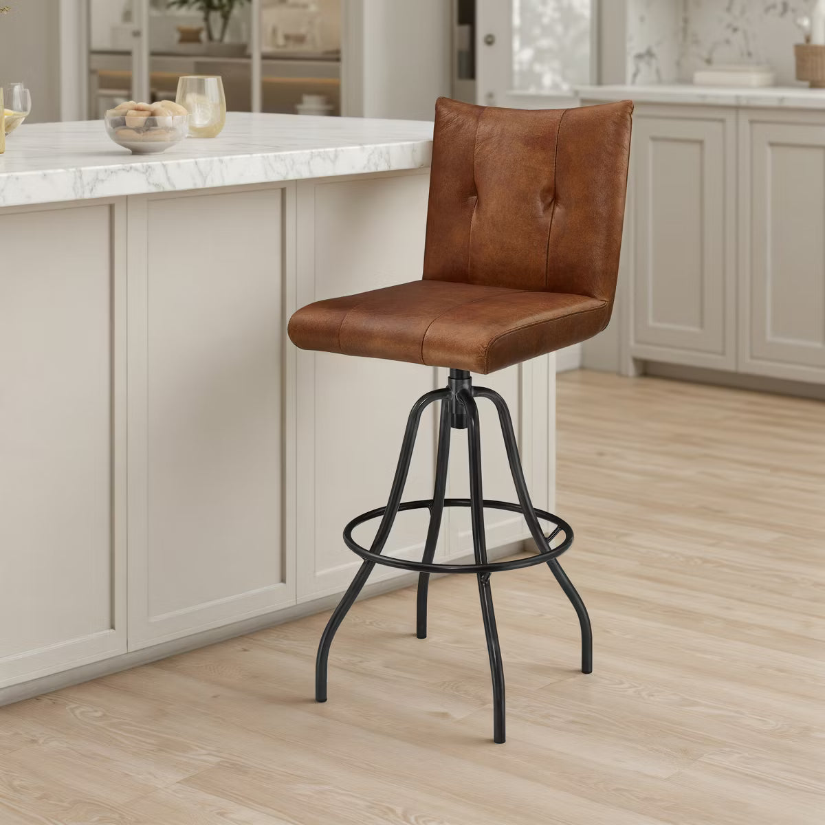 Genuine Leather Industrial-style and Mid-century Modern Counter Height Barstool