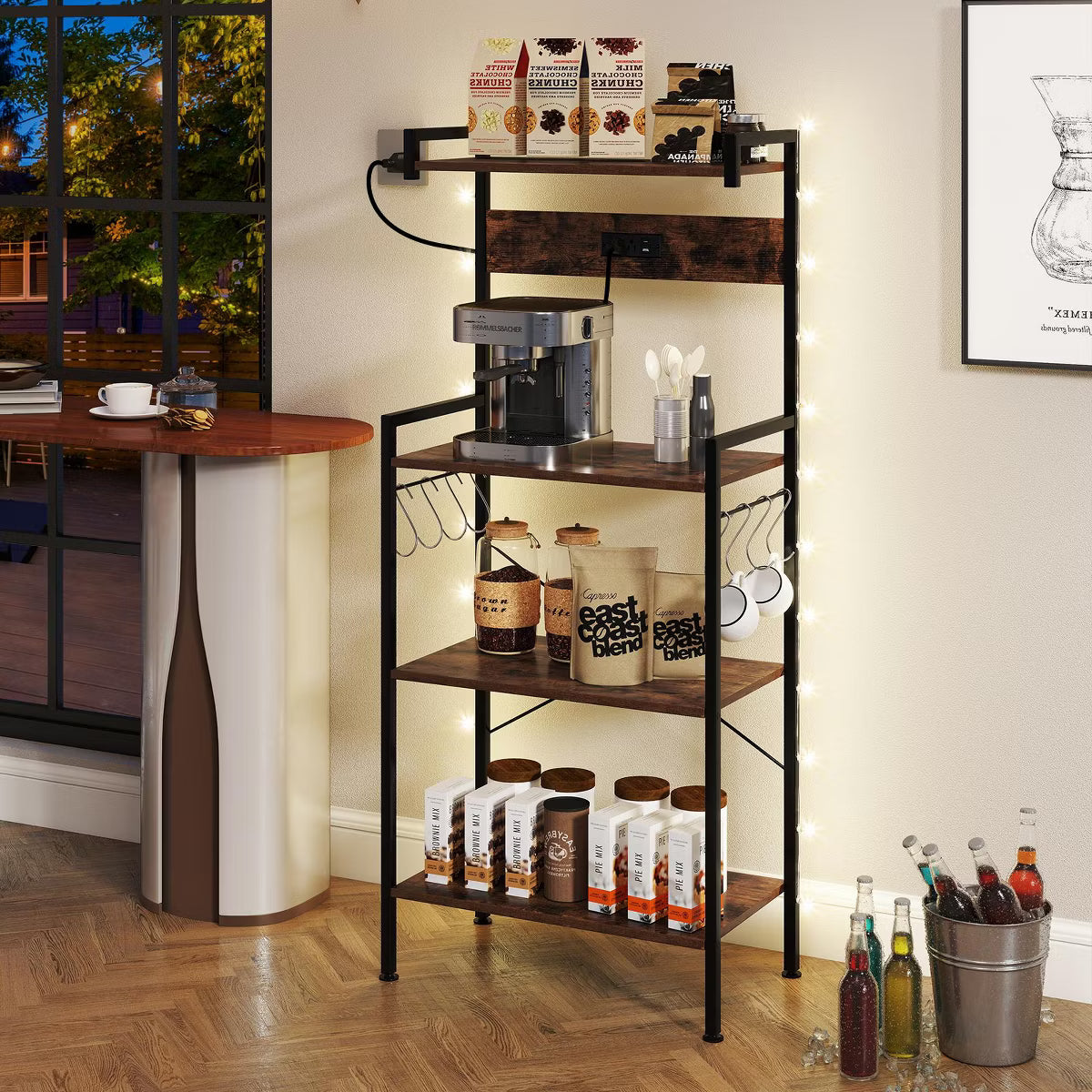 Baker's Rack – Culinvaro y Kitchen Baker's Rack with Charging Station Industrial Coffee Bar Shelf with 8 Movable Hooks