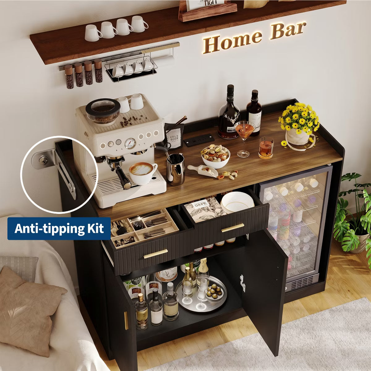 Coffee Bar Cabinet with Fridge Space,