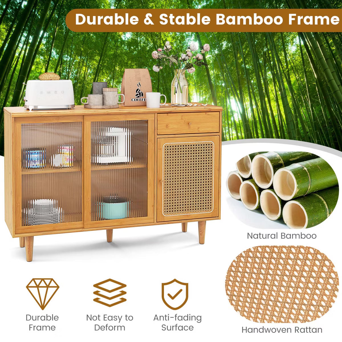 Buffet Cabinet – Culinvaro Buffet Sideboard Cabinet Rattan Console Table with Sliding Doors Storage Drawer