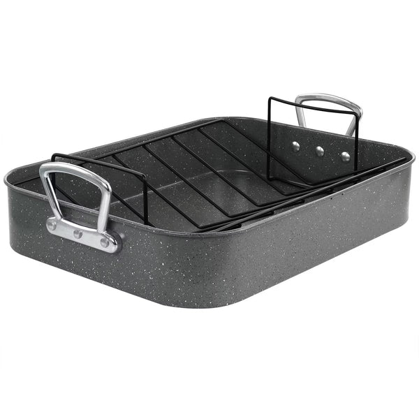 Roasting Pan – 2 Piece Carbon Steel 16.25in. Turkey Roaster Set in Speckled – Gray