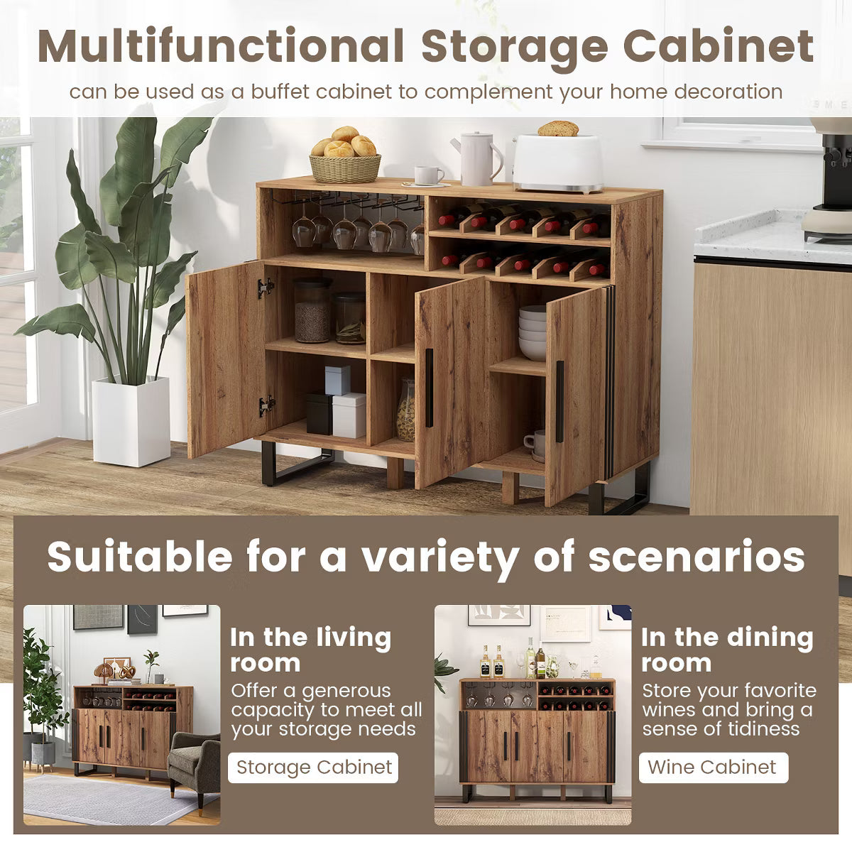 Bar Cabinet – Culinvaro Home Drinks Bar Cabinet w/ 3 Doors & Adjustable Shelves 2-tier Drinks Rack Sideboard