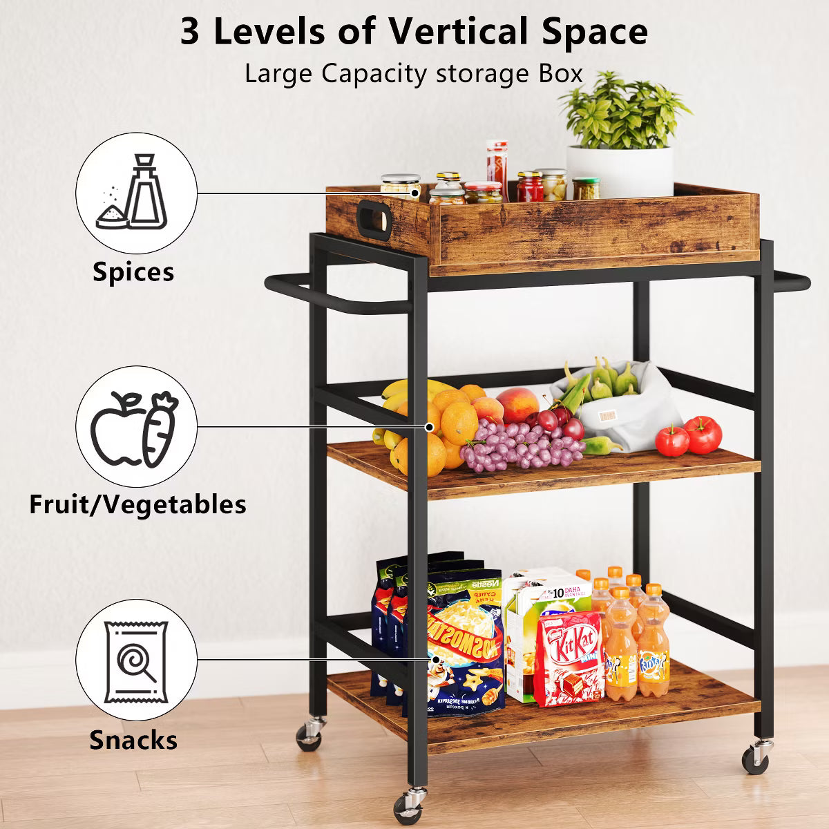 Bar Cart – Culinvaro 3-Tier Rolling Bar Cart, Metal Kitchen Serving Cart with Tray