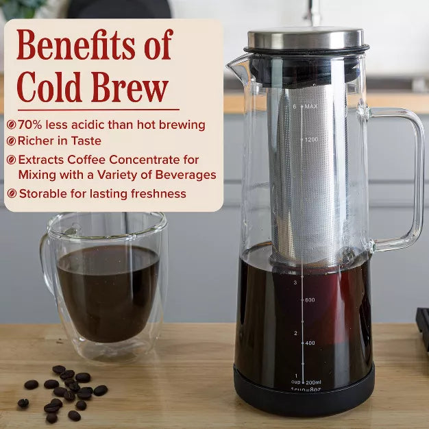Coffee Server – 1.4L/48oz Glass Carafe with Lid and Spout and Removable – Silver