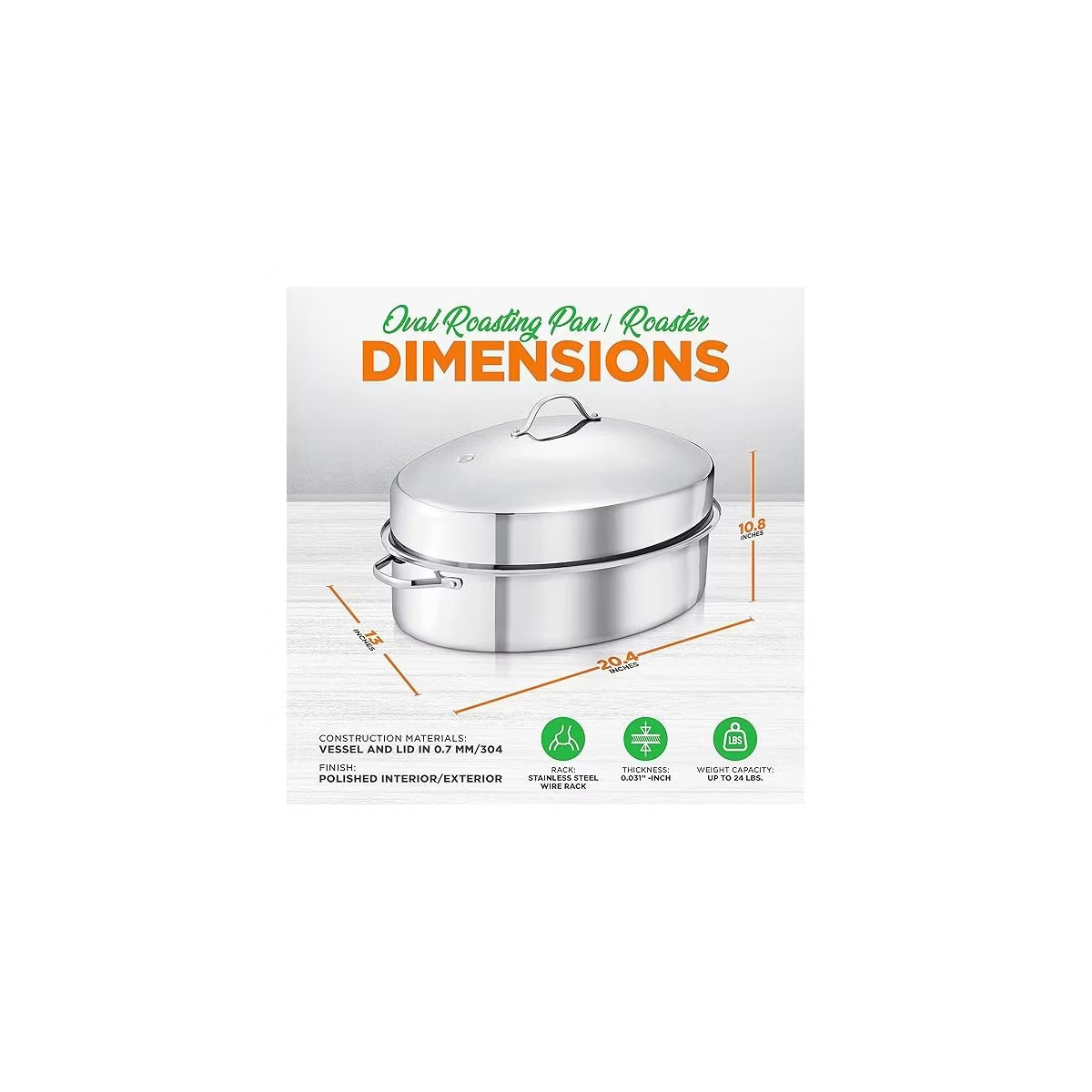 Roasting Pan – Oval Roasting Pan, Roaster with Polished Rack – Silver