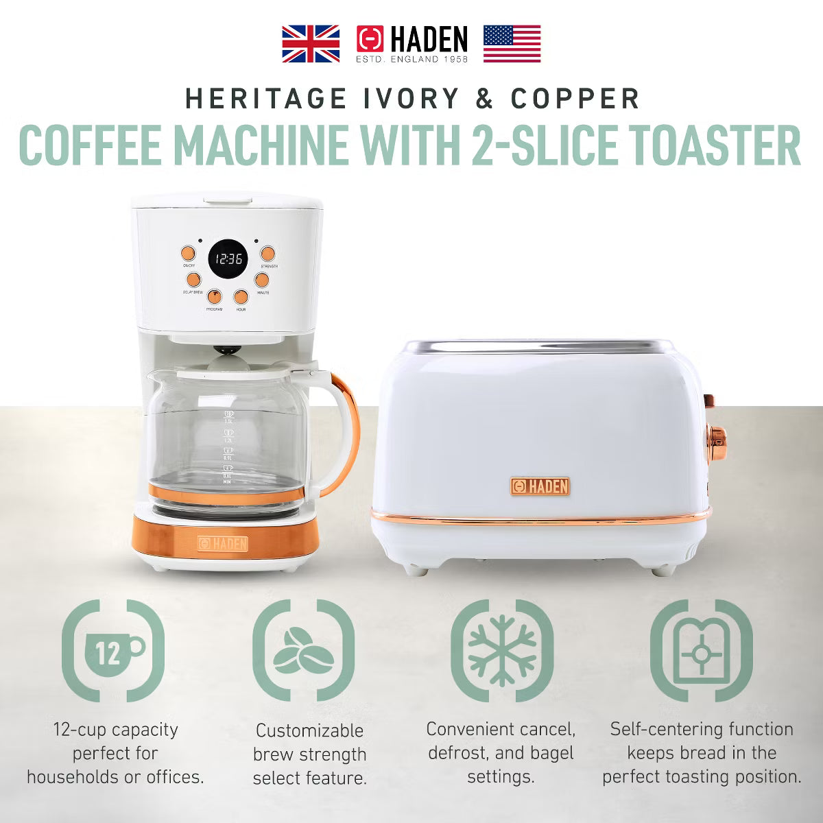 Heritage 2 Slice Wide Slot Stainless Steel Toaster Bundled with 12 Cup Programmable Drip Coffee Maker Coffee Machine