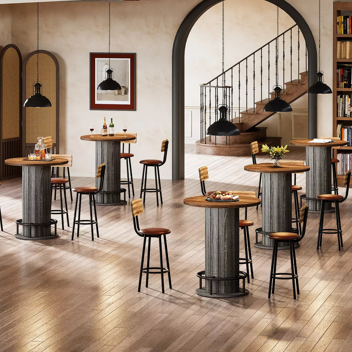 Wood Bistro Pub Table with Metal Ring Footrest for Dining Cocktail Living Room