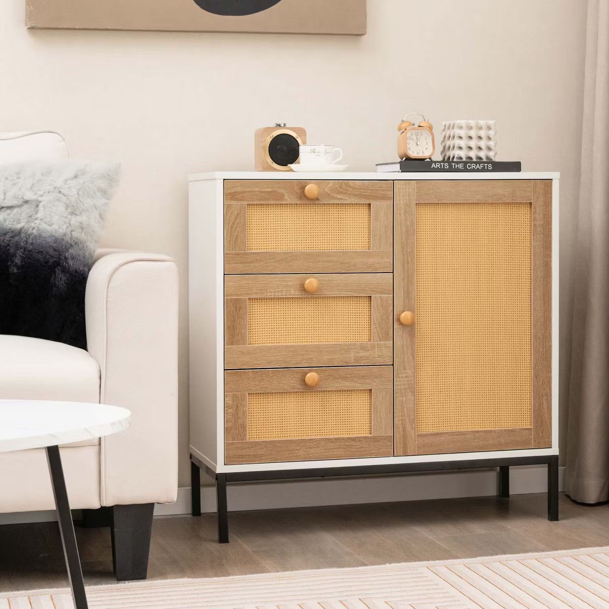 Buffet Cabinet – Culinvaro Rattan Buffet Sideboard with 3 Drawers & 1 Door Sturdy Metal Legs Storage Cabinet
