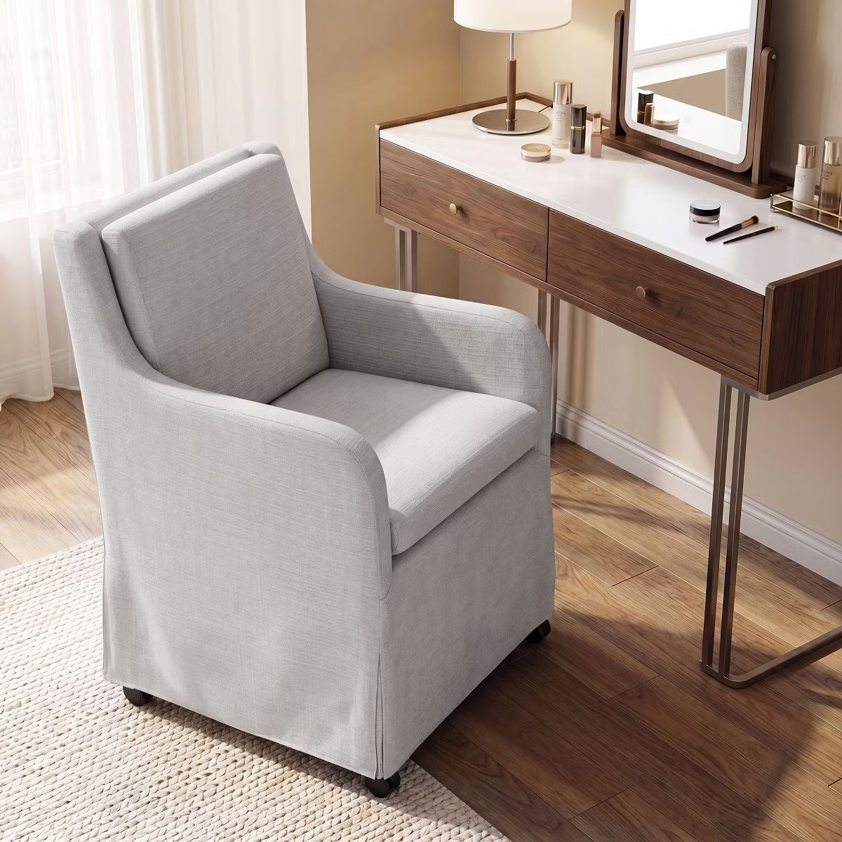 Set of 6 Upholstered Dining Chairs with Casters, Removable Seat Cushion
