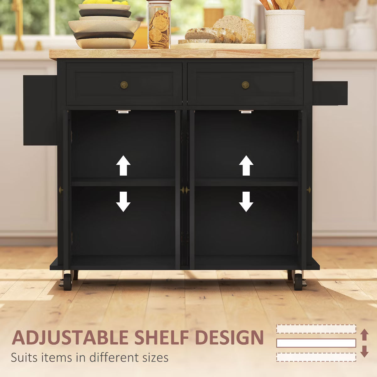 Kitchen Island on Wheels, Rolling Cart with Rubber Wood Top