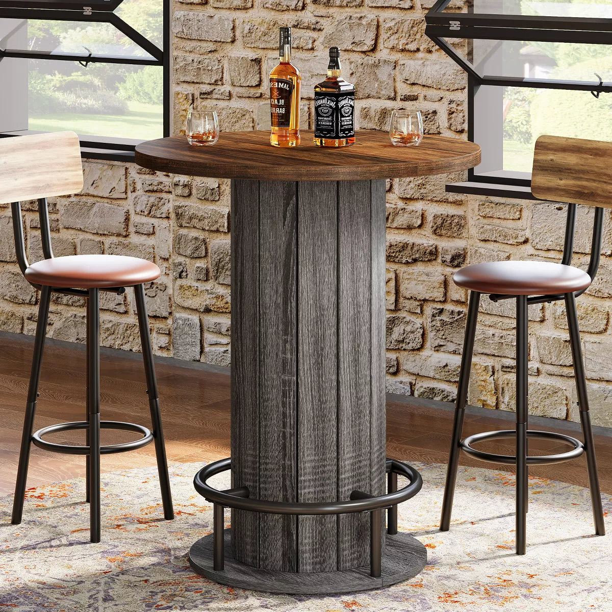 Wood Bistro Pub Table with Metal Ring Footrest for Dining Cocktail Living Room