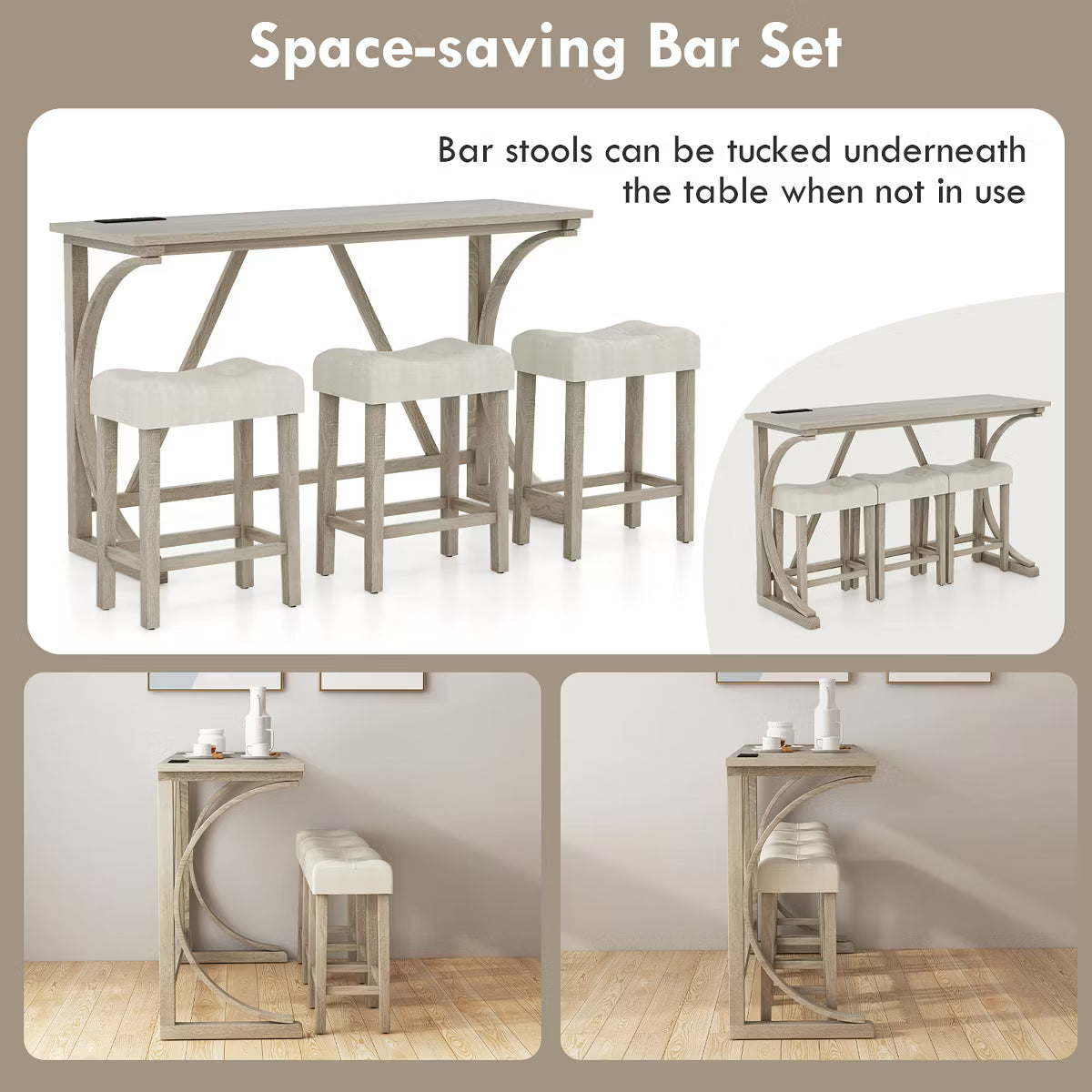 4-Piece Bar Table Set w/ Power Outlet Counter Height Bistro Table and Stools