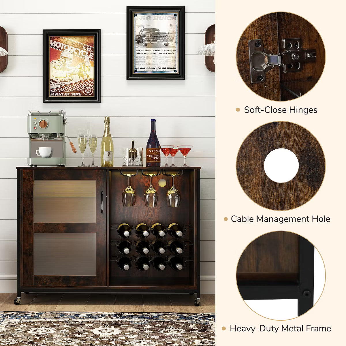 Bar Cabinet – Culinvaro Bar Cabinet w/ Wheels LED Lights Storage Shelves Glass Holders Drinks Racks