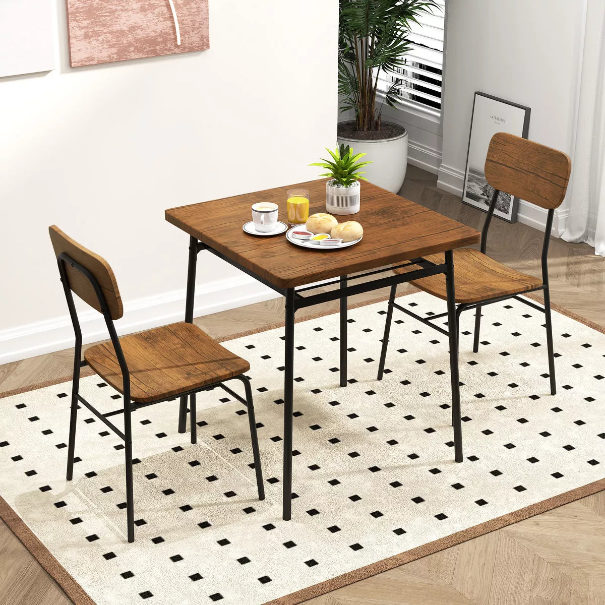 Dining Set – Culinvaro 3-Piece Wood Square Kitchen Table & Chair Set w/ Metal Frame Storage Rack