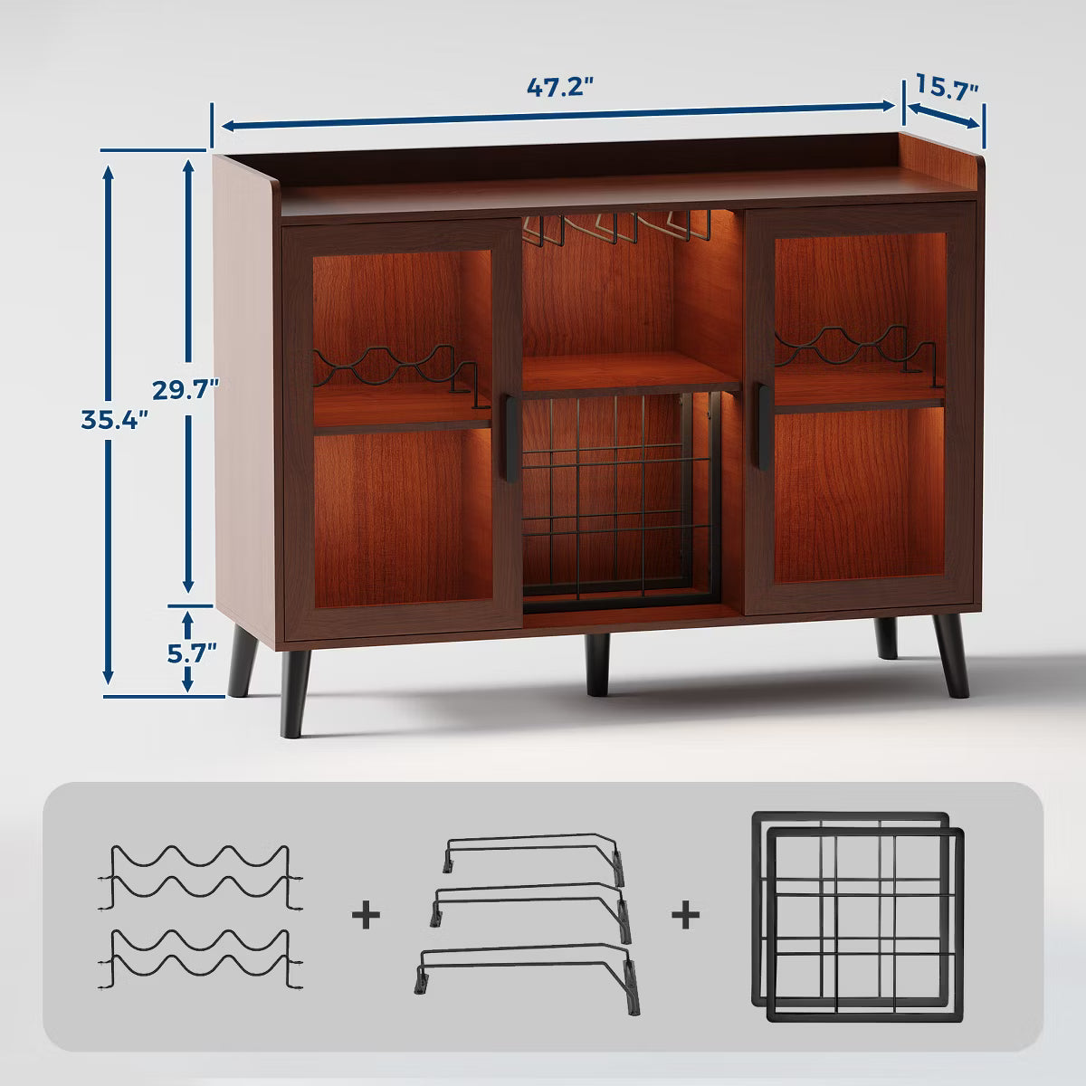 47" Coffee Bar Cabinet with Wine Rack, Wooden Sideboard Buffet Cabinet