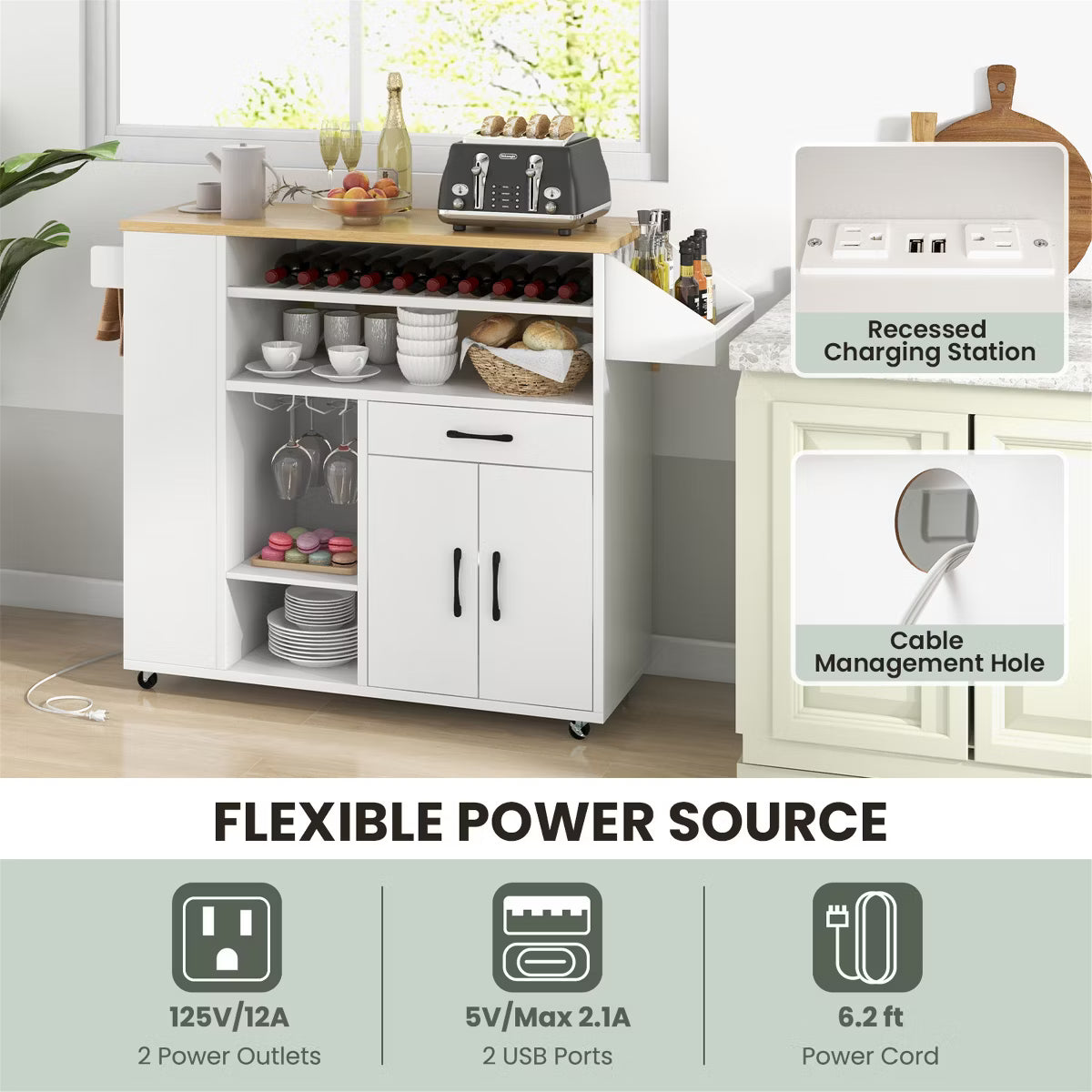 Kitchen Island – Culinvaro Leaf Kitchen Island Cart w/ Power Outlet Drinks Rack Glass Holder Drawer