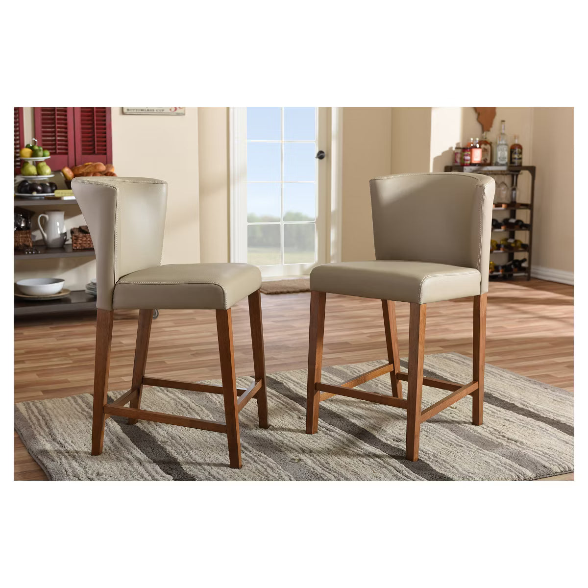 Set of 2 Olivia Wood Faux Leather Pub Counter Height Barstools