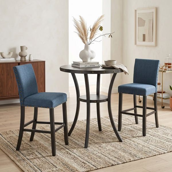 Bar Table – Culinvaro 3-Piece 36" Round Espresso Finish Bar Table with 2 Blue Fabric Nail Head Pub Chairs